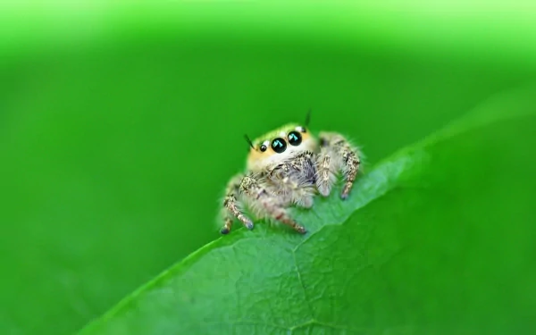 Close-up HD desktop wallpaper of a small jumping spider perched on a bright green leaf, showcasing the spider’s detailed eyes and fuzzy texture.