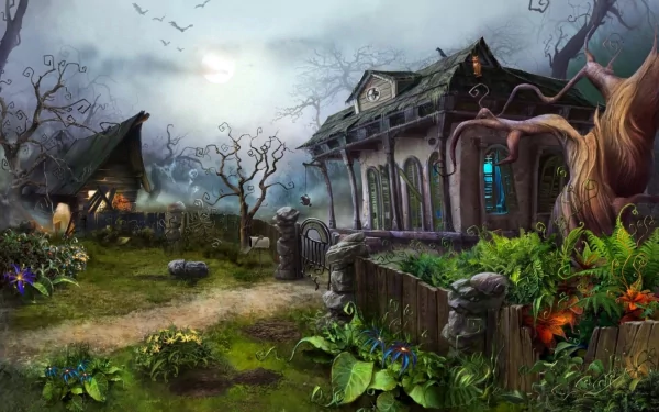 HD fantasy PC desktop wallpaper featuring an eerie, mystical house surrounded by twisted trees, glowing windows, and a foggy, moonlit landscape.