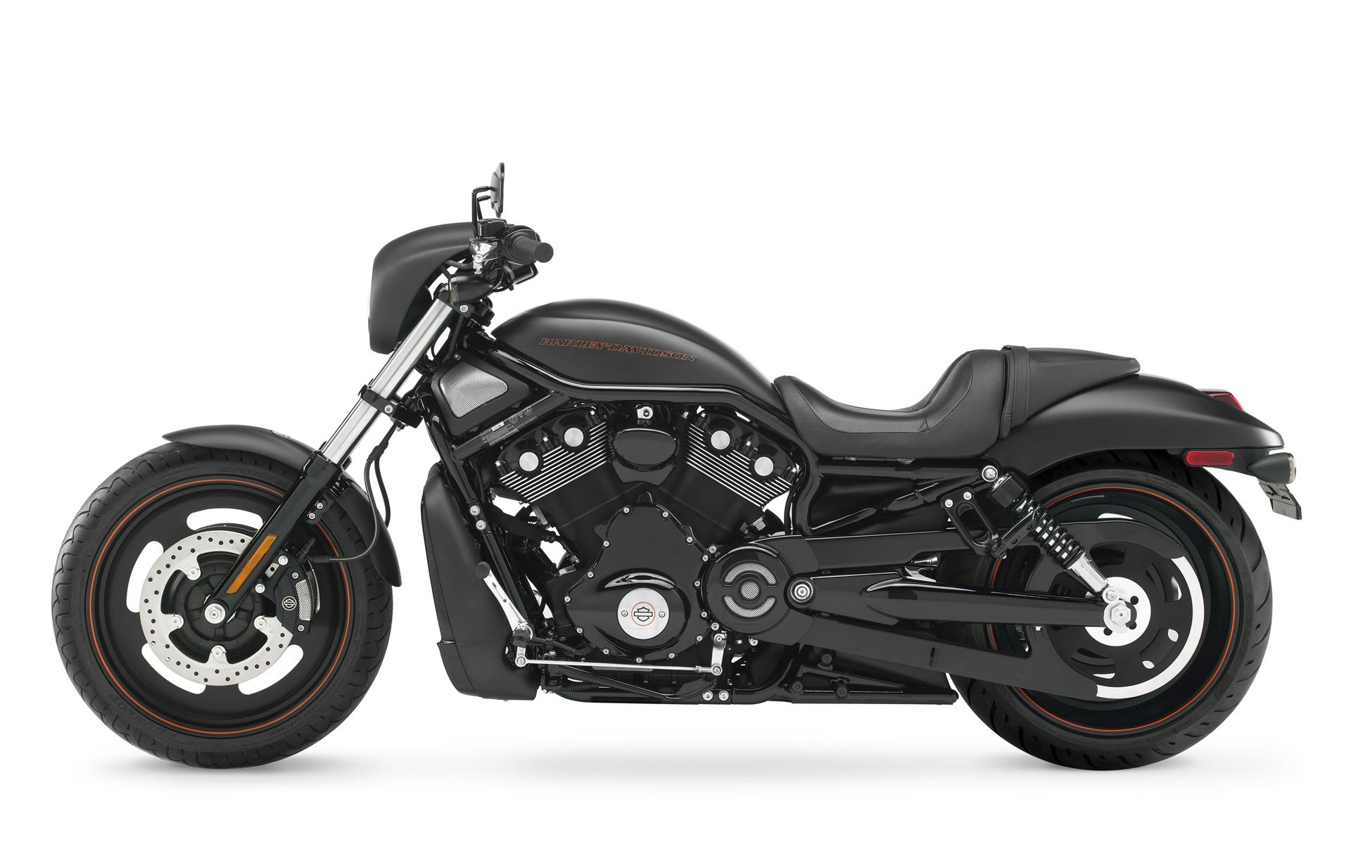 Sleek black Harley-Davidson motorcycle shown in profile on a clean white background, featured as an HD PC desktop wallpaper and background.