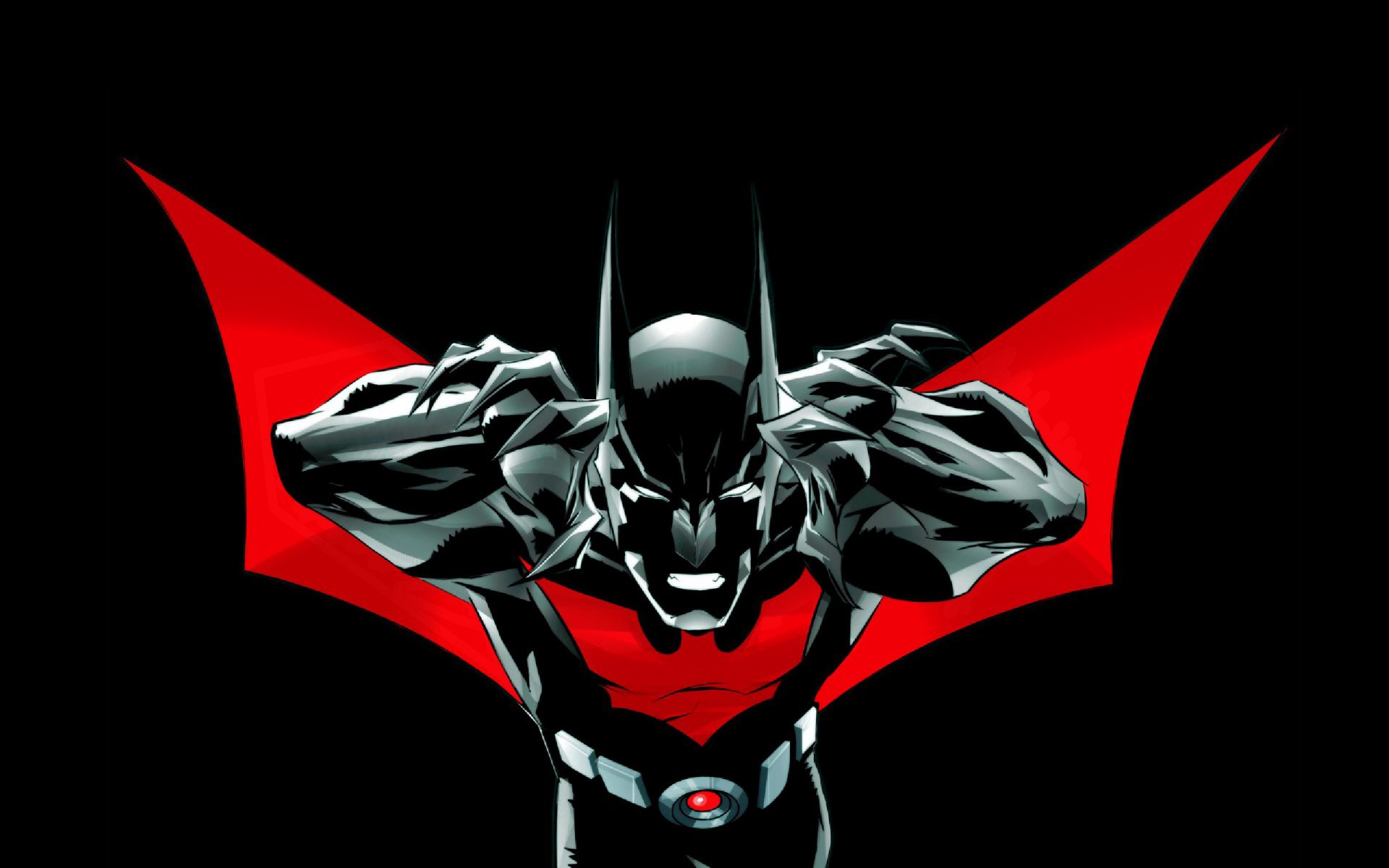 Dark Batman Beyond comic wallpaper: menacing Batman Beyond leans forward with glowing red bat emblem wings spread — 5K Ultra HD PC desktop background.