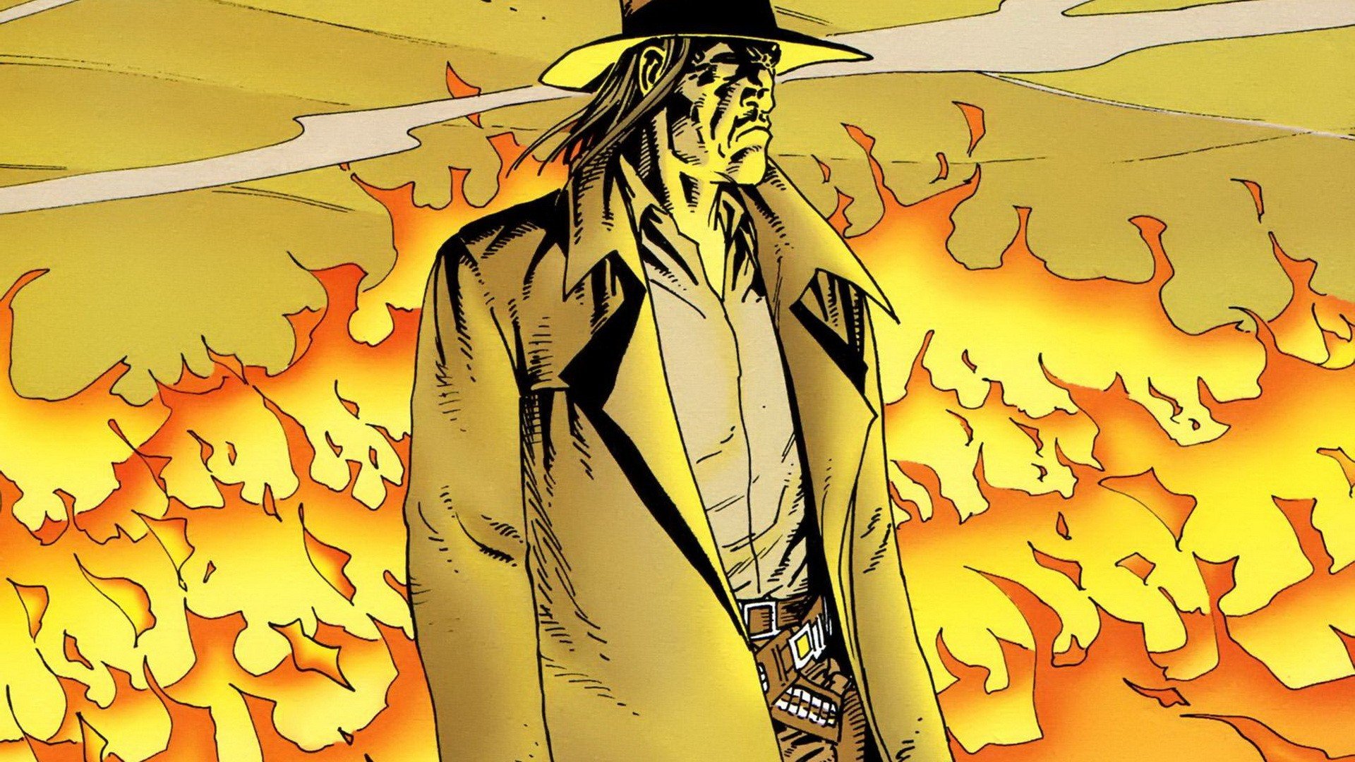 A bold comic illustration featuring a gritty preacher standing amidst a fiery landscape, suitable as an HD desktop wallpaper and background.