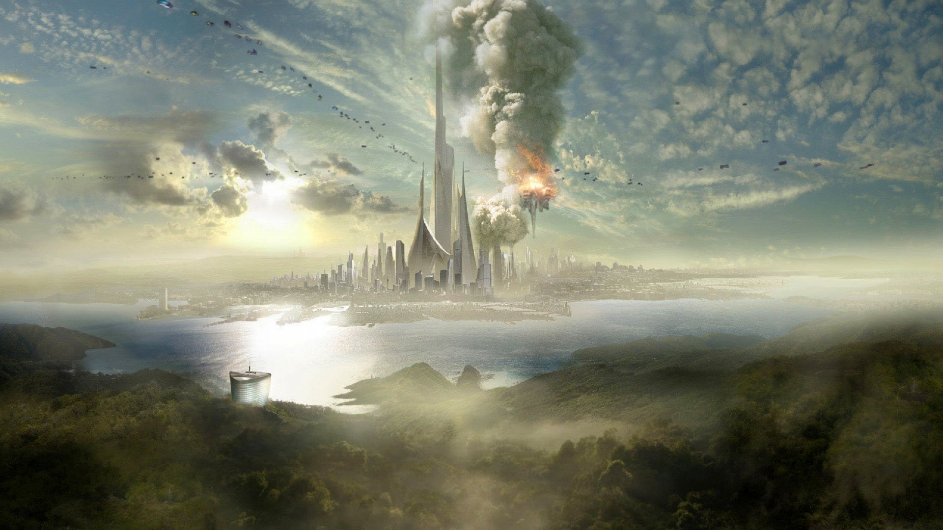 HD sci-fi cityscape with towering futuristic skyscrapers rising above mist and clouds, under a dramatic sky, captured as a detailed PC desktop wallpaper background.