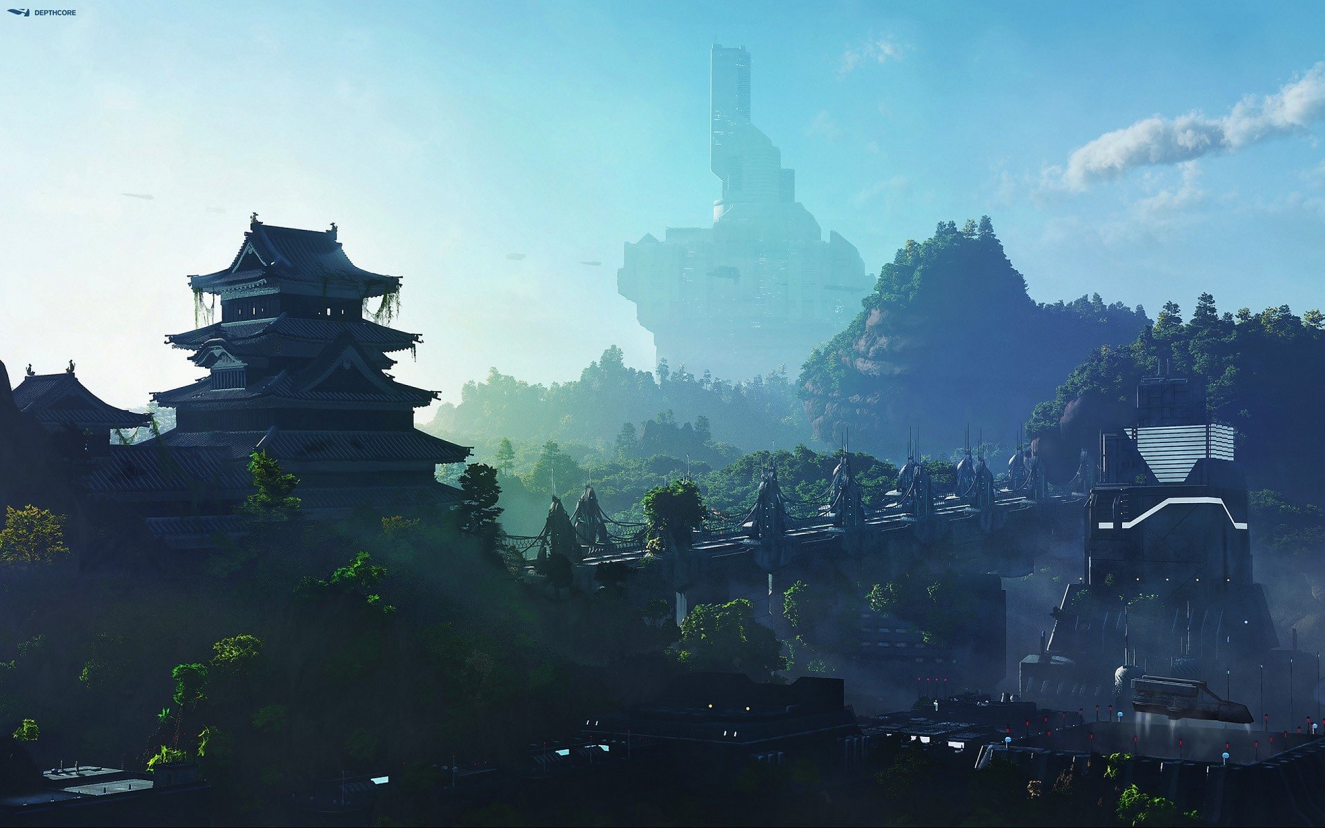 A high-definition fantasy landscape featuring ancient castle structures amid misty mountains under a bright blue sky, designed as a PC desktop wallpaper.