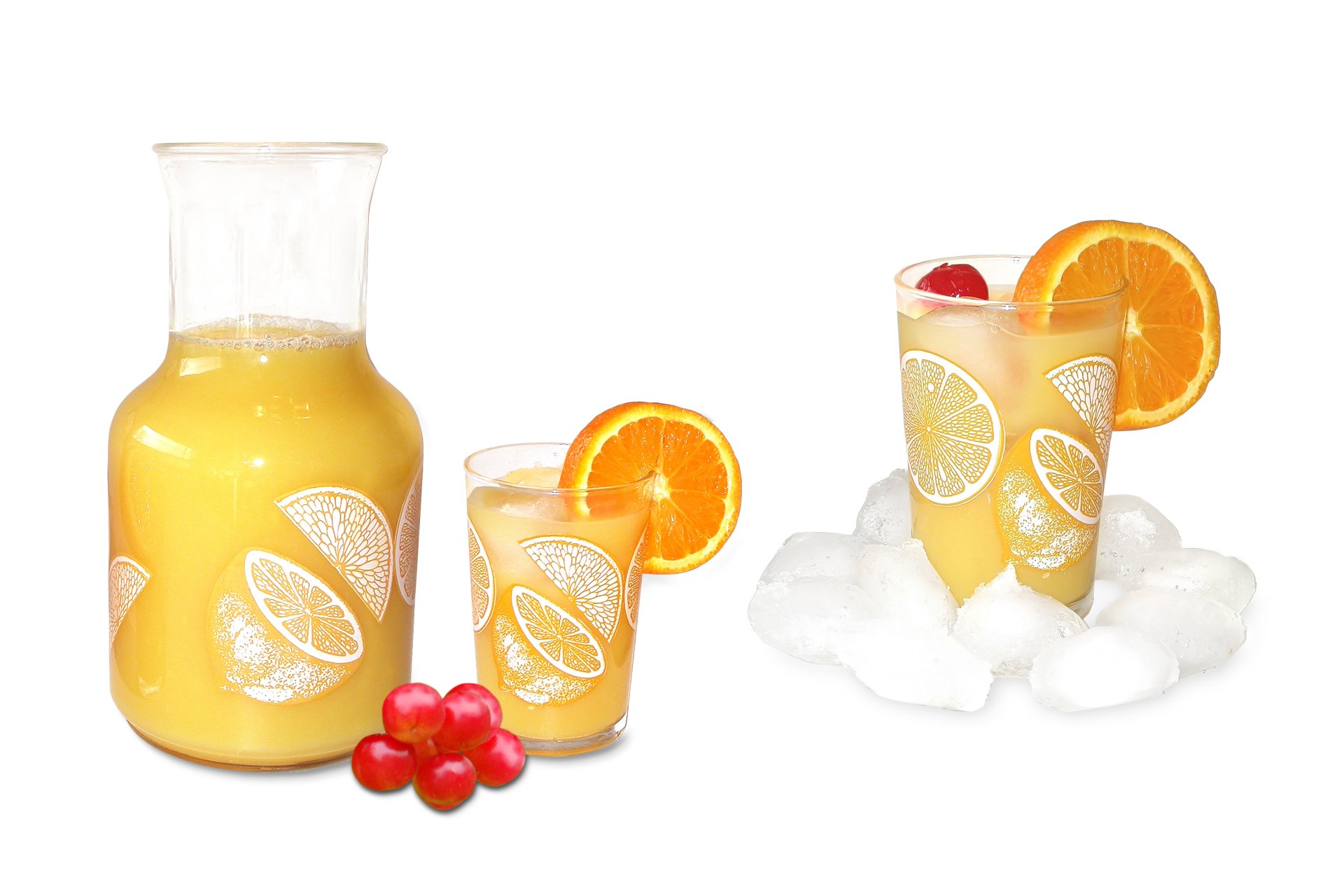 Food, drink 2K Quad HD PC desktop wallpaper and background: carafe and two glasses of orange juice garnished with citrus slices and red berries on a white backdrop.