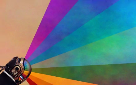 HD PC desktop wallpaper featuring a Daft Punk helmet emitting vibrant rainbow beams, blending music and vivid colors in a dynamic, artistic background.