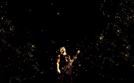 A striking HD desktop wallpaper featuring a performer from Avenged Sevenfold, surrounded by a cosmic display of lights, exuding energy and passion for music.