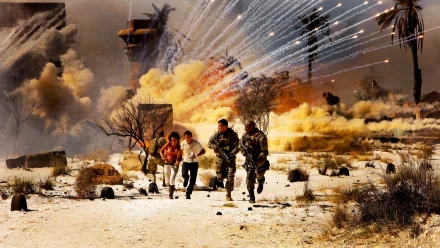 A dynamic scene from *Transformers: Revenge of the Fallen*, featuring characters running amidst explosions and chaos in a desert landscape. High-definition wallpaper capturing intense action.