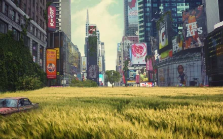 A vibrant HD wallpaper featuring a deserted Times Square overrun by tall wheat fields, inspired by the movie I Am Legend. The scene captures a haunting yet beautiful urban landscape.