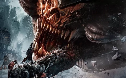 Darksiders video game 2K Quad HD PC desktop wallpaper/background: armored rider battles a massive demonic skull‑maw creature amid a shattered, apocalyptic cityscape.
