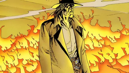A bold comic illustration featuring a gritty preacher standing amidst a fiery landscape, suitable as an HD desktop wallpaper and background.