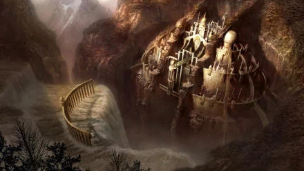 HD desktop wallpaper featuring a fantasy city nestled within rugged mountains, with a cascading waterfall and intricate, ancient architecture.