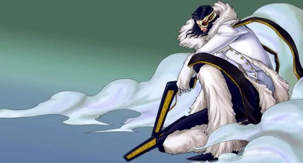 Coyote Starrk from the anime Bleach sits confidently amidst swirling clouds, dressed in a striking white coat with fur accents, showcasing a unique and bold aesthetic.
