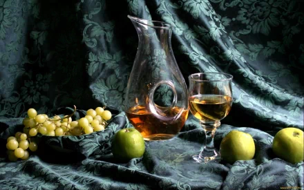 HD PC desktop wallpaper featuring a still life of white grapes, green apples, a glass of white wine, and a wine decanter against a dark textured fabric backdrop.