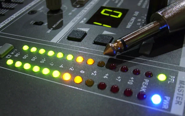 Close-up of a DJ mixer with colorful LED indicators and a cable connector, showcasing a vibrant music scene in high-definition for desktop wallpaper.