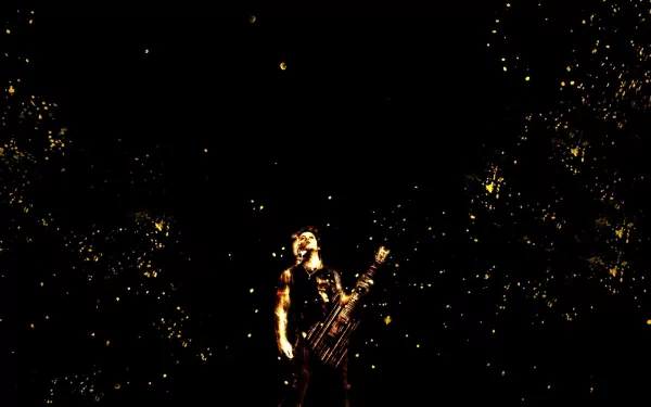A striking HD desktop wallpaper featuring a performer from Avenged Sevenfold, surrounded by a cosmic display of lights, exuding energy and passion for music.