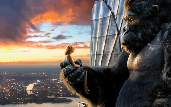 A dramatic HD wallpaper from King Kong (2005), featuring the colossal gorilla holding a woman against a stunning sunset backdrop, capturing the film's iconic tension and beauty.