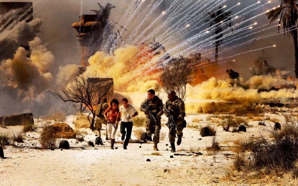 A dynamic scene from *Transformers: Revenge of the Fallen*, featuring characters running amidst explosions and chaos in a desert landscape. High-definition wallpaper capturing intense action.