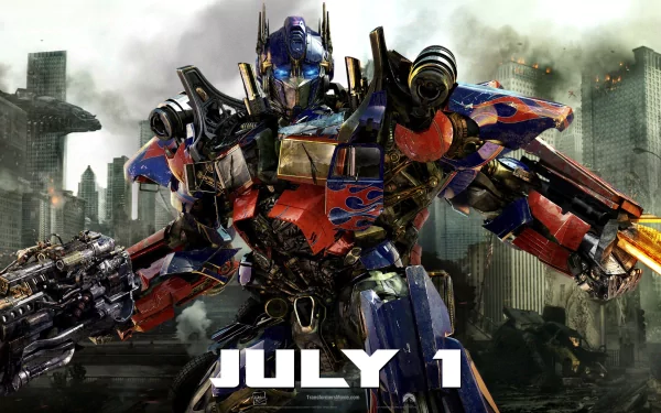 HD PC desktop wallpaper featuring Optimus Prime from Transformers: Dark of the Moon with a cityscape background and July 1 text prominently displayed.