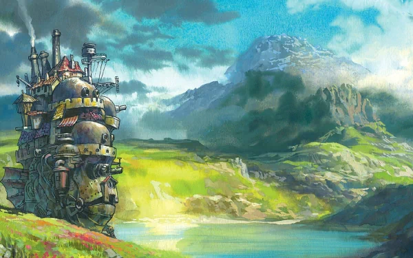A vibrant watercolor of a whimsical castle from Howl's Moving Castle, set against a serene mountainous landscape. This HD anime-inspired wallpaper brings a magical touch to any desktop background.