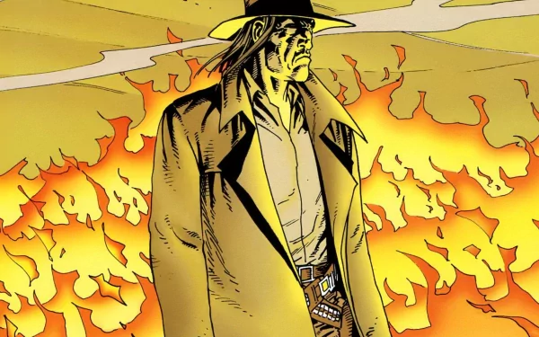 A bold comic illustration featuring a gritty preacher standing amidst a fiery landscape, suitable as an HD desktop wallpaper and background.