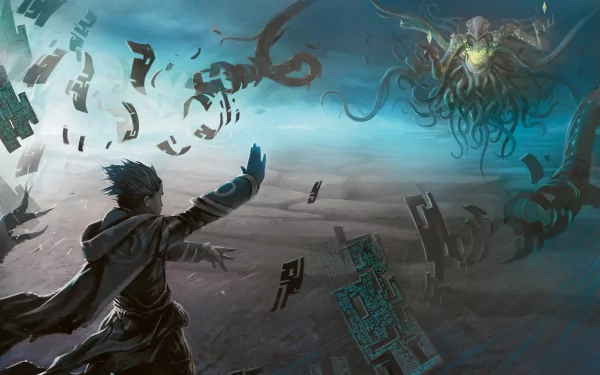 HD fantasy Magic: The Gathering desktop wallpaper depicting a wizard casting a spell against a looming otherworldly creature in a dramatic, mystical battle scene.