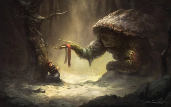 A detailed HD fantasy desktop wallpaper depicting a giant turtle-like creature with an ancient shell offering a glowing red ribbon to a small cloaked figure in a dim, mystical forest.