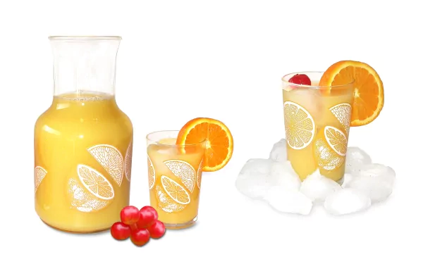 Food, drink 2K Quad HD PC desktop wallpaper and background: carafe and two glasses of orange juice garnished with citrus slices and red berries on a white backdrop.