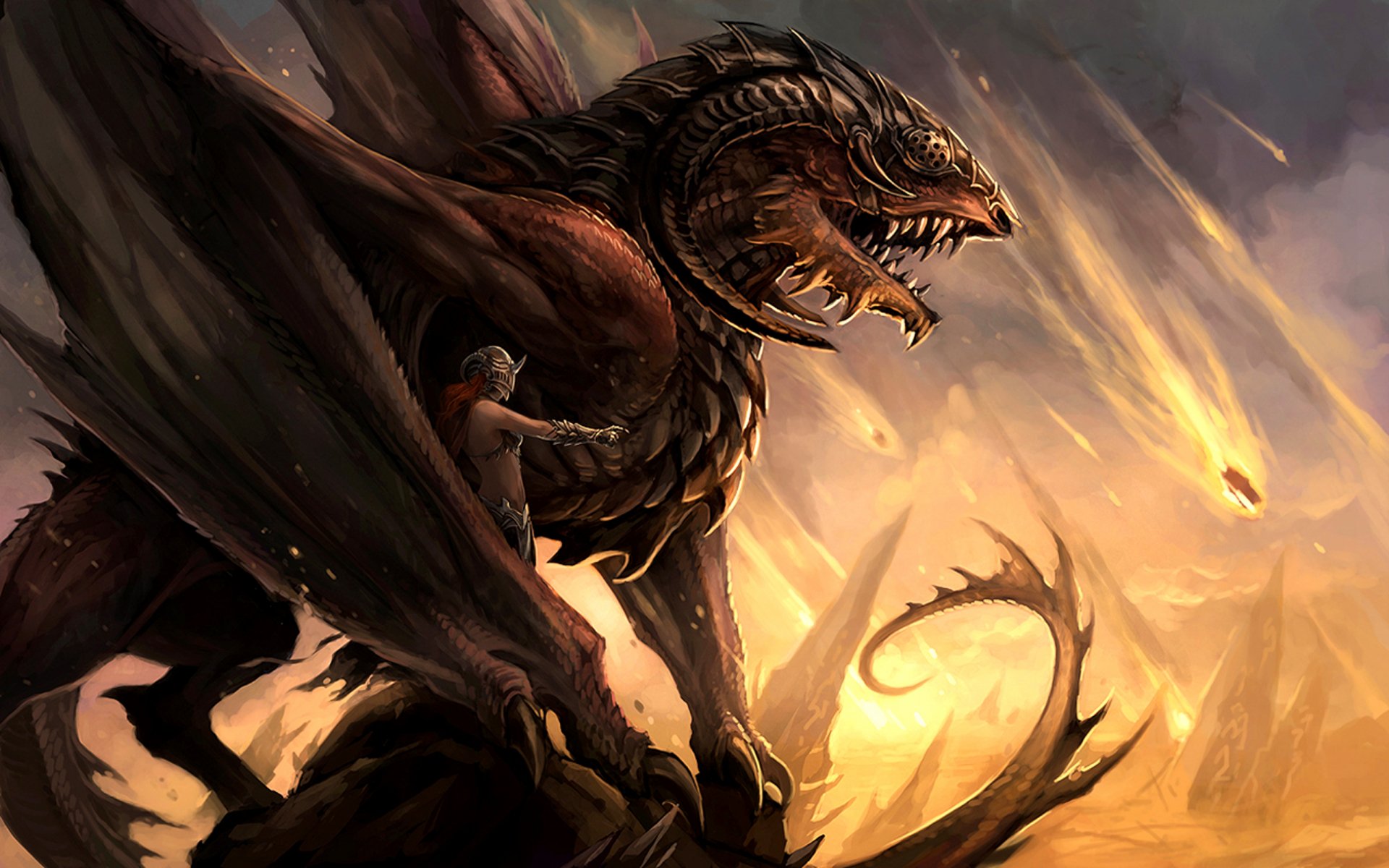 A dramatic fantasy scene features a fierce dragon towering over a landscape, with fiery meteors streaking through the sky, creating an epic HD desktop wallpaper backdrop.