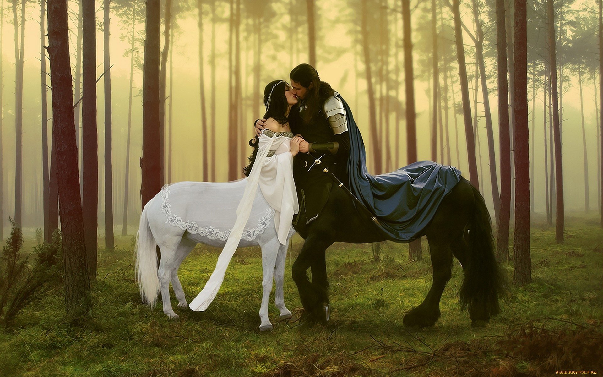 A fantasy HD desktop wallpaper depicting a tender moment between a white centaur woman and a black centaur man in a misty forest.