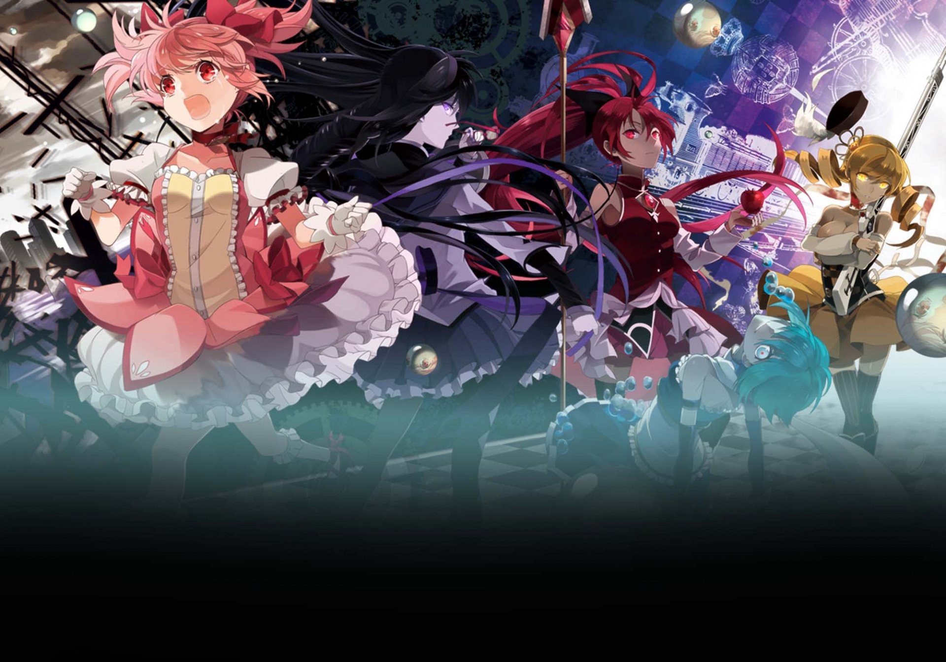 HD PC desktop wallpaper featuring Sayaka Miki, Mami Tomoe, Kyōko Sakura, Madoka Kaname, and Homura Akemi from the anime Puella Magi Madoka Magica.