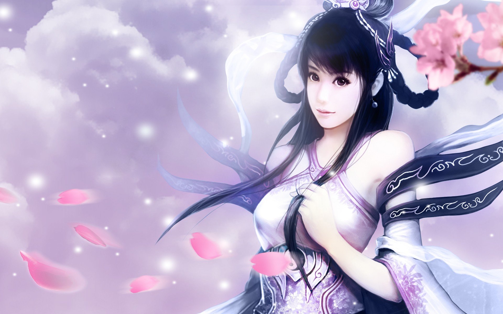 A fantasy-themed HD PC desktop wallpaper featuring an elegant character in an oriental-inspired outfit, surrounded by cherry blossom petals against a dreamy pastel backdrop.