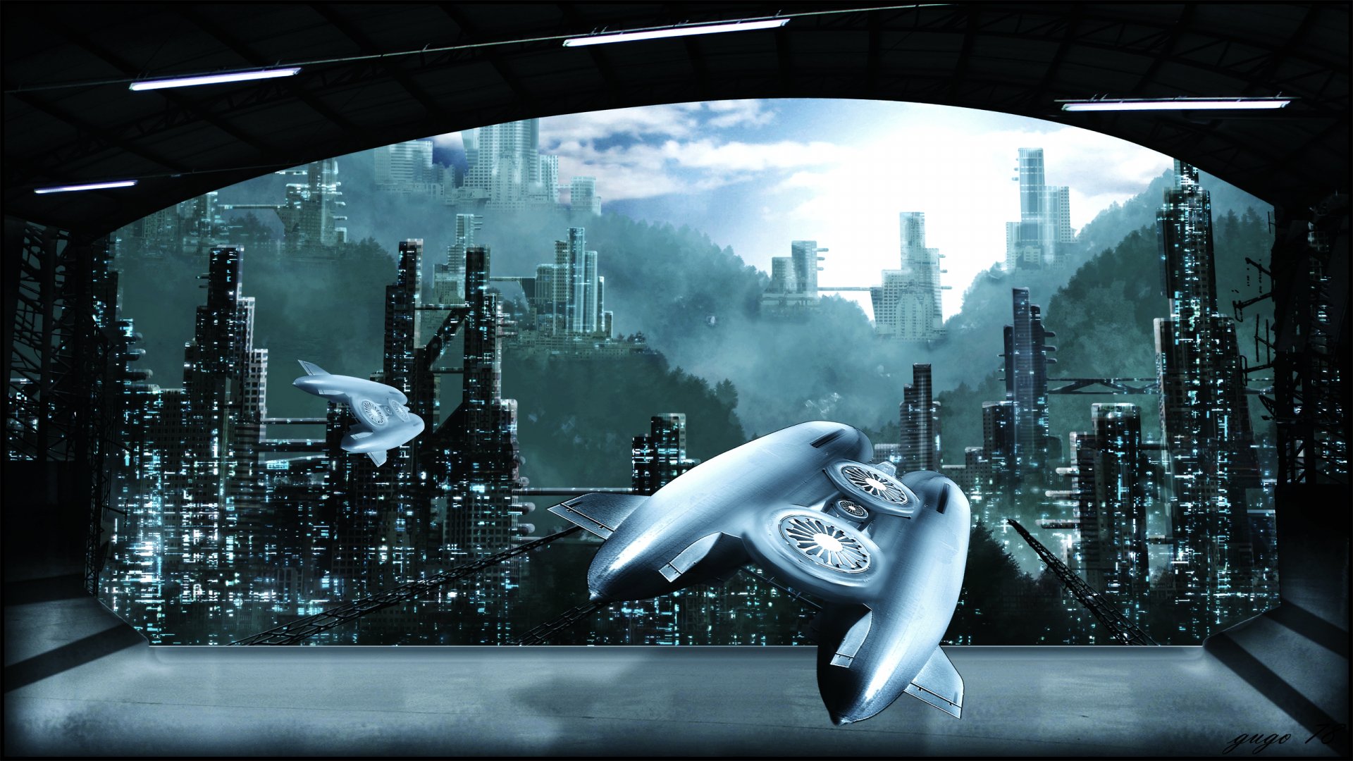 Futuristic sci-fi cityscape with towering skyscrapers and sleek flying vehicles, presented as a high-definition PC desktop wallpaper and background.