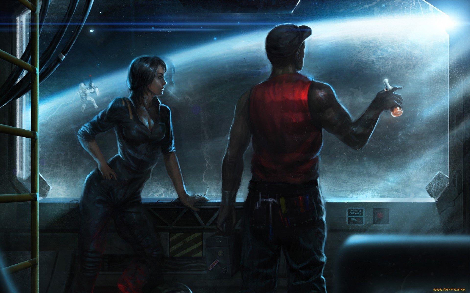 HD Sci-Fi adventure desktop wallpaper depicting two figures inside a futuristic spaceship, gazing out at a distant planet through a large observation window.