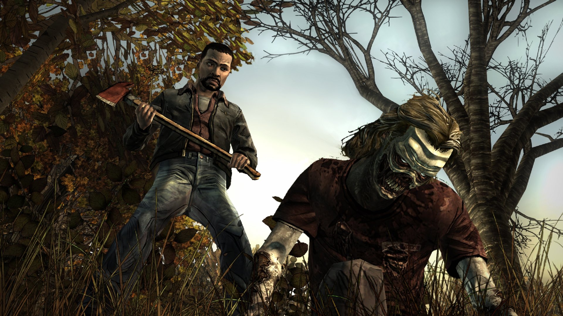 An intense moment from The Walking Dead: Season 1, featuring a character wielding an axe against a crawling zombie, set against a haunting, natural backdrop. HD PC wallpaper.