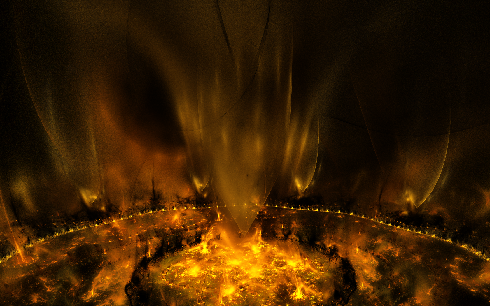 Dark, fiery landscape with glowing molten elements, creating a dramatic and intense atmosphere. HD PC desktop wallpaper and background.