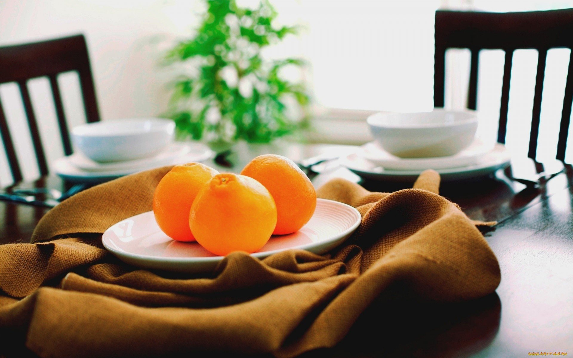 HD desktop wallpaper featuring a close-up of fresh oranges on a white plate, set on a brown cloth with a dining table and chairs blurred in the background.