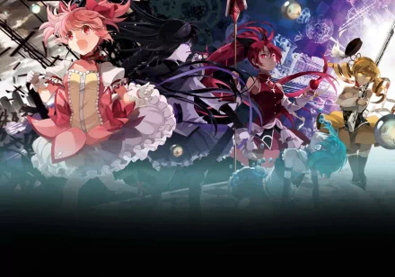 HD PC desktop wallpaper featuring Sayaka Miki, Mami Tomoe, Kyōko Sakura, Madoka Kaname, and Homura Akemi from the anime Puella Magi Madoka Magica.