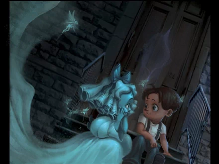 HD desktop wallpaper featuring a dark, whimsical scene of a ghost with a little boy, set against a dimly lit brick building background.