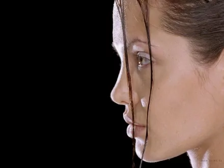 Close-up profile of Lara Croft from the movie Lara Croft: Tomb Raider, designed as a high-definition PC desktop wallpaper and background.