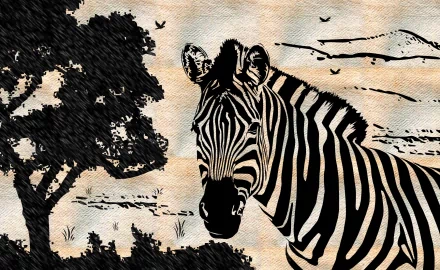 HD PC desktop wallpaper background showing an animal zebra rendered in stylized black-and-white sketch against a textured savanna.