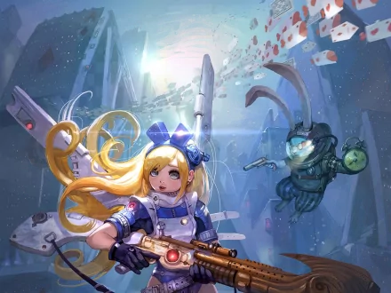 Fantasy Alice in Wonderland–style HD PC desktop wallpaper: blonde, armored Alice wielding a rifle in a surreal, card-filled city with a grinning mechanical Cheshire cat.