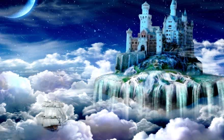 HD fantasy PC desktop wallpaper featuring a majestic castle perched on a floating island above the clouds under a starry night sky with a crescent moon and a sailing ship.