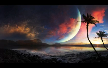 HD sci-fi landscape wallpaper depicting a surreal shoreline with palm trees under a vibrant sky and a large crescent planet looming in the background.