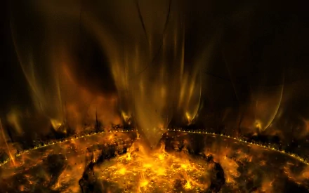 Dark, fiery landscape with glowing molten elements, creating a dramatic and intense atmosphere. HD PC desktop wallpaper and background.