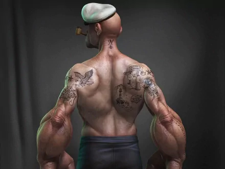 HD PC desktop wallpaper of Popeye from the TV show, showcasing his muscular back with detailed tattoos and signature sailor hat.