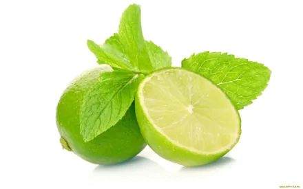 A vibrant HD desktop wallpaper featuring a whole lime and a sliced lime, accompanied by fresh mint leaves, creating a refreshing and lively food-themed backdrop.