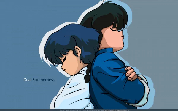 HD PC desktop wallpaper featuring dual characters from the anime Ranma ½ standing back to back with arms crossed against a blue background.
