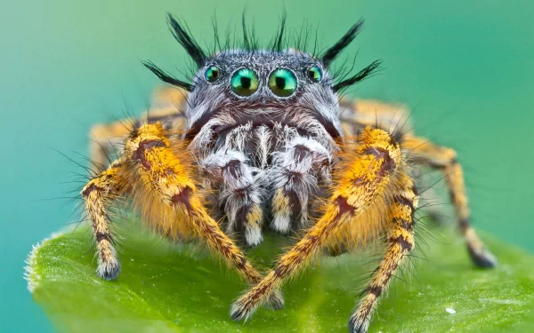 A close-up of a vibrant jumping spider, showcasing its distinct features and bright colors, set against a soft green background. This HD image serves as an engaging nature wallpaper.