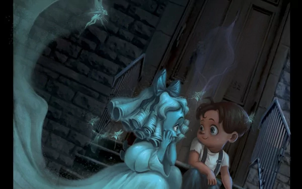 HD desktop wallpaper featuring a dark, whimsical scene of a ghost with a little boy, set against a dimly lit brick building background.