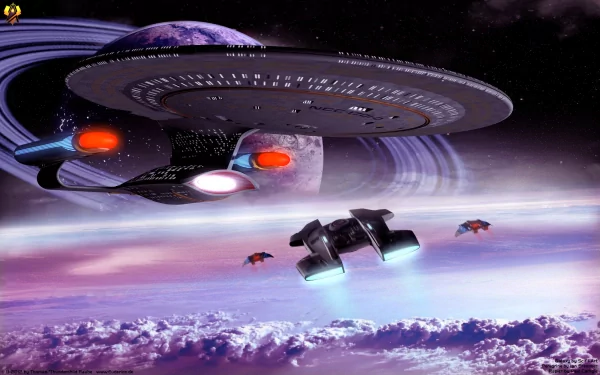 A stunning 3D CGI depiction of the USS Enterprise explores a vibrant space scene, featuring distant planets and starships, capturing the essence of Sci-Fi adventure.